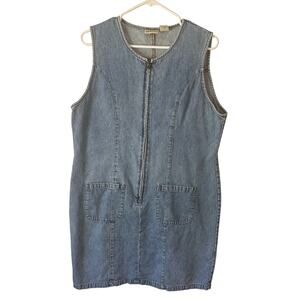 St Johns Bay Vintage Zip Front Sleeveless Cotton Denim Dress Jumper Size 14
